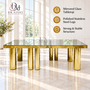 Mesa de Comedor Premium de Acero Inoxidable Dorado con Cubierta de Vidrio Espejo y Patas de Múltiples Columnas para Banquetes de Boda, Venta al por Mayor de Fábrica - Product Image 3