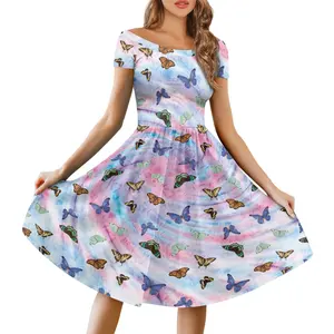 Gaun malam wanita, baju pesta motif kupu-kupu warna-warni kasual Vintage elegan Midi Gaun lengan pendek bunga anak perempuan