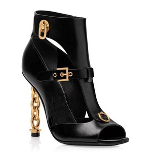 Brand New Metal Chain Heels Women Peep Toe Sandals Gold Slim High-heeled Summer Short Ankle Boots Stiletto Cut Out <b>Shoes</b> - Product Image 4