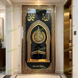 Art mural islamique <span class=keywords><strong>opulent</strong></span> noir et or avec calligraphie Kaaba <span class=keywords><strong>Ayat</strong></span> Al-Kursi, décoration de maison musulmane, peinture en porcelaine à LED et cristaux - Product Image 1
