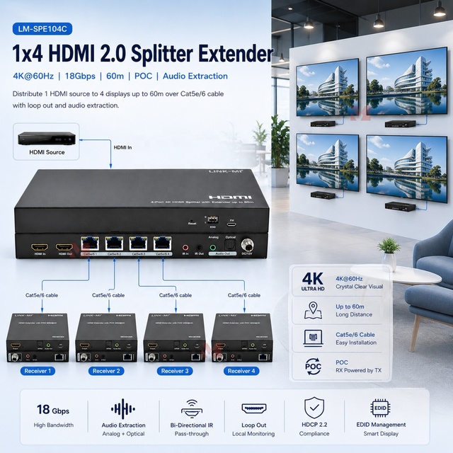 4K60Hz 1x4 HDMI Splitter Extender 60m Over Cat5e/6 with HDMI Loop Out Support IR SPDIF EDID RJ45