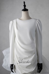 Nouveau design de robes de mariée courtes beiges, col rond, manches longues, robes de mariée plissées à la main <span class=keywords><strong>avec</strong></span> <span class=keywords><strong>voile</strong></span> détachable - Product Image 4