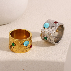 Bague large en acier inoxydable plaqué or 18 carats, incrustée de pierres précieuses colorées, style rétro, texturée, pour femme - Product Image 4