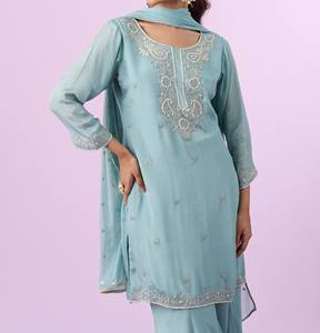 Traje Palazzo Azul Etéreo Ecológico, Transpirable, Antiarrugas, con Estampado Digital y Servicio OEM - Product Image 1