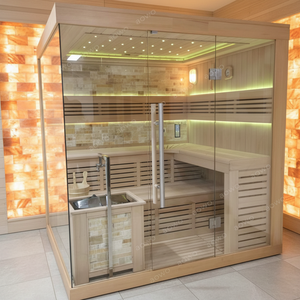 Sauna extérieur moderne en bois pour villa avec bande lumineuse <span class=keywords><strong>LED</strong></span> multicolore, structure en fer et panneau de commande de chauffage infrarouge lointain - Product Image 1