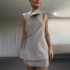 Solid Color Lapel Sleeveless Vest Slim Women's A-line <b>Skirt</b> 2 Piece Set Fashion - Product Image 2