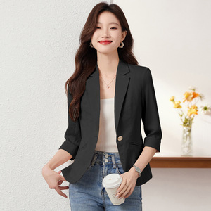 Women's Blazer Beige Three Quarter Sleeve Lightweight Solid Color Breathable Summer Style - Product Image 4