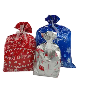 Custom Xmas Presents Party Favor Foil Holiday Drawstring Wrapping Sacks Pouches Christmas Gift Bag