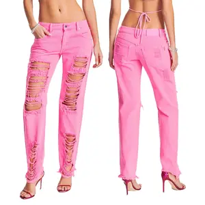 Jeans strappati a gamba dritta di alta qualità stile stile donna stile stile stile rosa 100% cotone signore Jeans a vita bassa