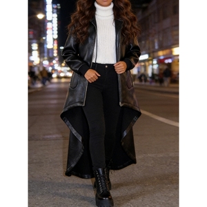 Abrigo tipo capa de moda para mujer, de PU engrosado, con capucha y cordón, corto por delante y largo por detrás - Product Image 1