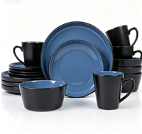 Service de table de luxe 16 pièces en grès noir et bleu, assiettes, bols et tasses en céramique pour 4 personnes, compatible lave-vaisselle et micro-ondes, haute qualité