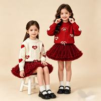 Ensemble Pull et Jupe en Maille pour Filles, Nouvelle Collection Automne, Pull à Manches Longues Imprimé Cœur avec Petit Nœud et Jupe en Tulle