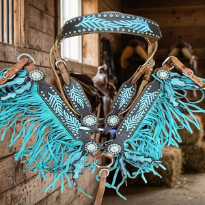 Ensemble de têtière et de collier de poitrail pour selle western en cuir véritable turquoise personnalisé, durable et léger pour cheval - Product Image 2
