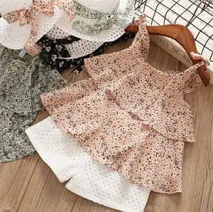 2-8 Jaar Baby Meisje Kleding Sets Zomer Chiffon Bloemen Kinderen Kleding Set Met Hoed Zoete Mouwloos Shirt Shorts tweedelige Outfit