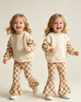 Sweat-shirt à capuche pour bébé fille et pantalon évasé côtelé à carreaux, ensemble 2 pièces pour filles, vêtements pour enfants