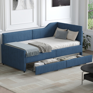 Modern Twin Size L-Shaped Corduroy Reclining Daybed Upholstered <b>Bed</b> Frame with 2 Storage Drawers Blue for Hotel Bedroom - Product Image 1