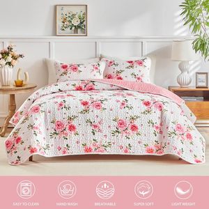 Ensemble de couette florale rose 3 pièces, taille Queen, <span class=keywords><strong>couvre</strong></span>-<span class=keywords><strong>lit</strong></span> réversible, microfibre douce, toutes saisons - Product Image 3