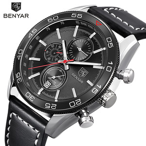 Reloj de cuarzo para hombre Benyar, cronógrafo analógico, resistente al agua hasta 30M, reloj de pulsera con correa de cuero negro BY-5106M - Product Image 1