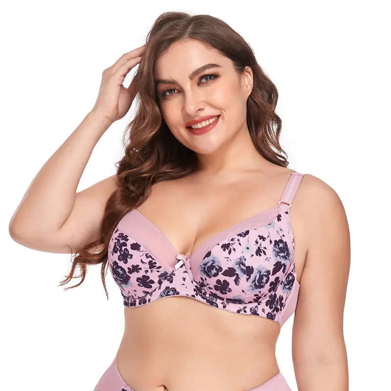 2024 sutiãs plus size personalizados de fábrica, sutiãs ultrafinos sem costura com estampa sexy para mulheres, sutiãs de copo grande e roupa íntima