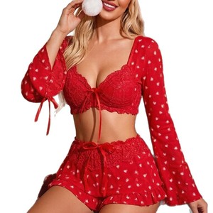 Set Lingerie Renda 3 Potong Lengan Lonceng Jala Hati Natal untuk Pesta - Product Image 5