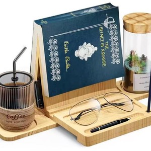 <b>Foldable</b> wooden triangular bookshelf for <b>office</b> <b>desks</b> and home use, with cup holder. - Product Image 1