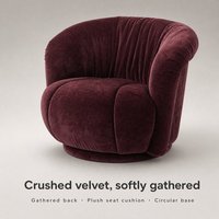 Fauteuil rond en velours bordeaux, fauteuil lounge en forme de tonneau avec dossier plissé et assise rembourrée en tissu moelleux, fauteuil d'appoint pour salon