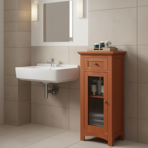 Mobiletto da Bagno Autoportante con Porta in Vetro Singola, Design Tradizionale Marrone, 2 Ripiani, Maniglia in Metallo - Product Image 2