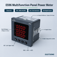 Compteur de puissance triphasé EastSong ES96, harmoniques du 2e au 31e, classe 0.5, RS485 Modbus, 91x91mm, protection IP65, 2 canaux LED