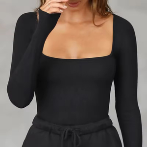 Nouveau <span class=keywords><strong>T</strong></span>-<span class=keywords><strong>shirt</strong></span> à manches longues serré femmes américain Sexy haut U cou bas chemise serré sport Fitness haut personnalisé - Product Image 5