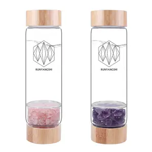 Runyangshi custom natural amethyst crystal gravels tumbled stones infused glass water bottle for birthday gift