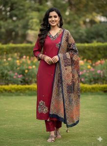 Ensemble Salwar Kameez en coton rouge pour femmes, tenue traditionnelle indienne et pakistanaise pour les fêtes, longueur cheville, coupe régulière, design brodé, séchage rapide - Product Image 3