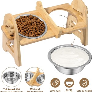 Support en bambou pour gamelles surélevées en acier inoxydable 304 pour chiens et chats - Product Image 2