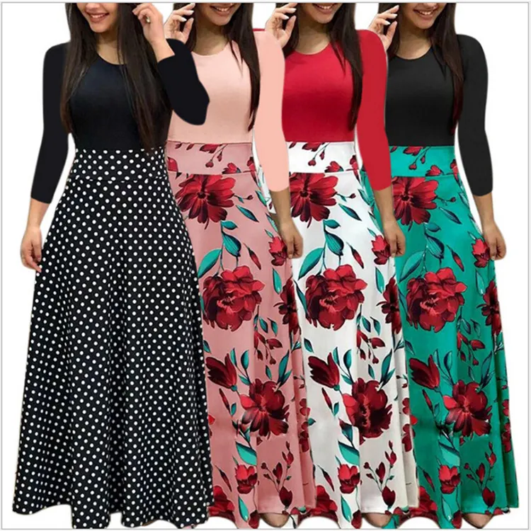 Ladies Elegant Long Sleeve Floral Print Maxi Dress Women's Casual Dresses Vintage Wholesale Spring Summer Long Plus Size Adults