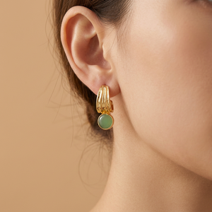 Luxury jewelry chryso chalcedony <b>hoop</b> <b>earring</b> <b>solid</b> brass 18k gold plated designer texture minimalist chunky gemstone ear <b>hoops</b> - Product Image 3