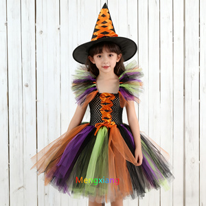 Disfraces de bruja <span class=keywords><strong>maléfica</strong></span> para niñas de Halloween, vestidos de vampiros hinchados de malla, disfraces de actuación de fiesta con sombrero de bruja - Product Image 6