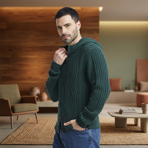 Hooded O-Neck Lausannes Braids Zip Winter Knitted Sweater Long Sleeves Cashmere and Merino <b>Wool</b> Made in Italy for Men - Product Image 3