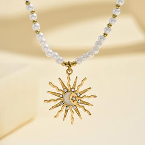 Collar con Colgante de Sol, Luna y Estrella con Cuentas de Vidrio, Cobre Chapado en Oro de 14K, Gargantilla, Joyería para Mujer, Accesorio de Moda - Product Image 2