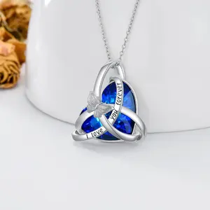 Wholesale 925 Sterling Silver White Gold Plated Celtic Knot Non Tarnish Crystal Heart Pendant Necklace