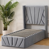 Cama de almacenamiento de terciopelo de felpa con rayas diagonales y tachuelas en alas Marco de cama de plataforma de tamaño individual tapizado con almacenamiento
