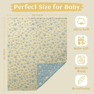Couverture de lit en coton mousseline jacquard, légère et thermique, pour bébé, pour toutes les saisons, bleu et jaune étoilé - Product Image 3
