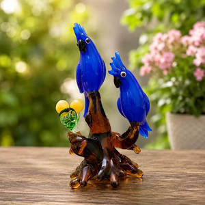 Figurines de perroquets violets en verre soufflé à la main, paire sur base d'arbre brun, décoration artistique, sculpture animale de collection, faite à la main - Product Image 2