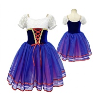 Robe de tutu de ballet style campagnard pour filles, dentelle blanche, manches bouffantes, corset en velours, jupe en tulle superposée bleue, costume de scène
