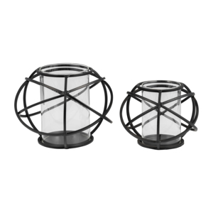 Set di 2 portacandele in metallo a forma di sfera, con struttura in filo metallico nero e inserto in vetro, per centrotavola e decorazioni per la casa - Product Image 2