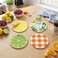 Sous-verres en céramique imprimés de fruits à l'aquarelle, sous-verres ronds absorbants avec motif à carreaux citron et lime pour la protection de la table