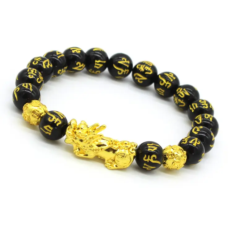 Schwarze Perle Armband mit Goldenen Pi Xiu/Pi Yao Glück Wohlhabende Amulett Armbänder