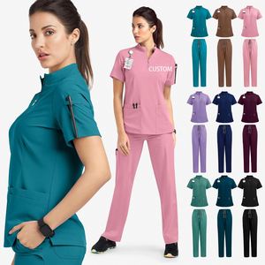 Uniformes de Enfermería Personalizados con Logotipo de Fábrica al por Mayor, Conjuntos de Uniformes para Salón de Belleza, Dentista, Hospital Veterinario, con Bolsillo con Cierre y Tela Elástica Suave para Mujer - Product Image 1