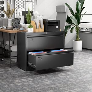 Armadietto portadocce laterale in metallo a 2 cassetti in acciaio nero FCJ per casa ufficio appeso Legal Letter A4 Size Assembly - Product Image 1