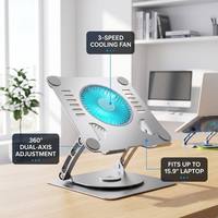 Support pour ordinateur portable avec ventilateur de refroidissement, rotation à 360 degrés, en alliage d'aluminium, pliable, réglable, pour ordinateurs portables jusqu'à 15,9 pouces, vente en gros