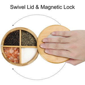 Spice Box Custom Swivel Magnetic Lid 4 Compartments Spice Jar Wood Salt Cellar Bamboo Salt Box Wooden Spice Box