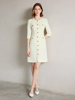 Original Beige Robe O-cou Bouton Avant Conception Formelle Femmes D'affaires Classique Slim Fit Tenues En Gros ODM OEM